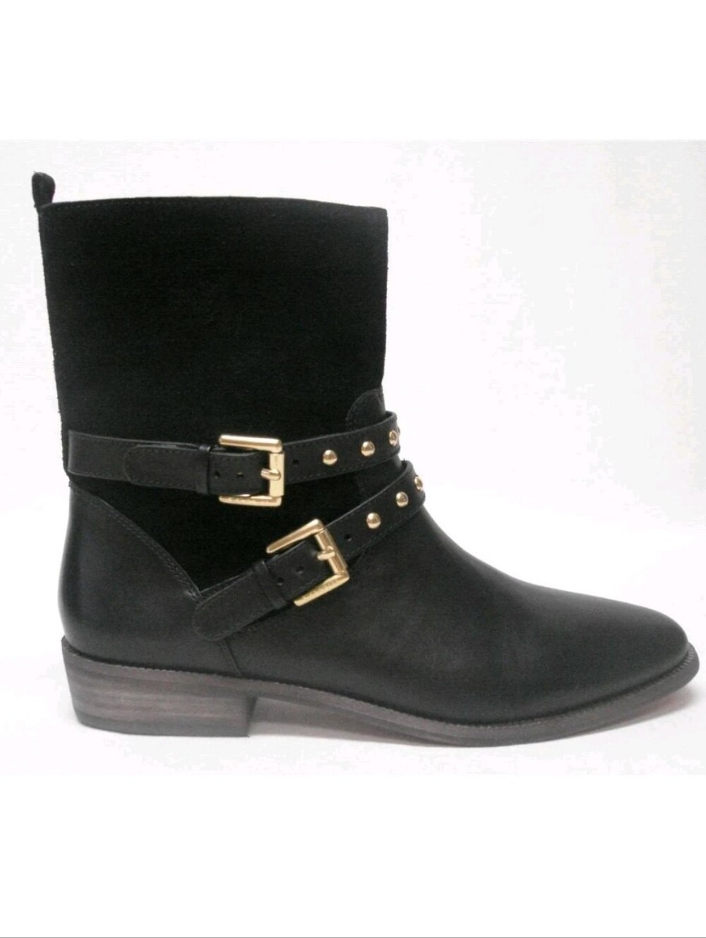 Coach Lilliana Black Leather & Suede Ankle Boots with Gold Buckles